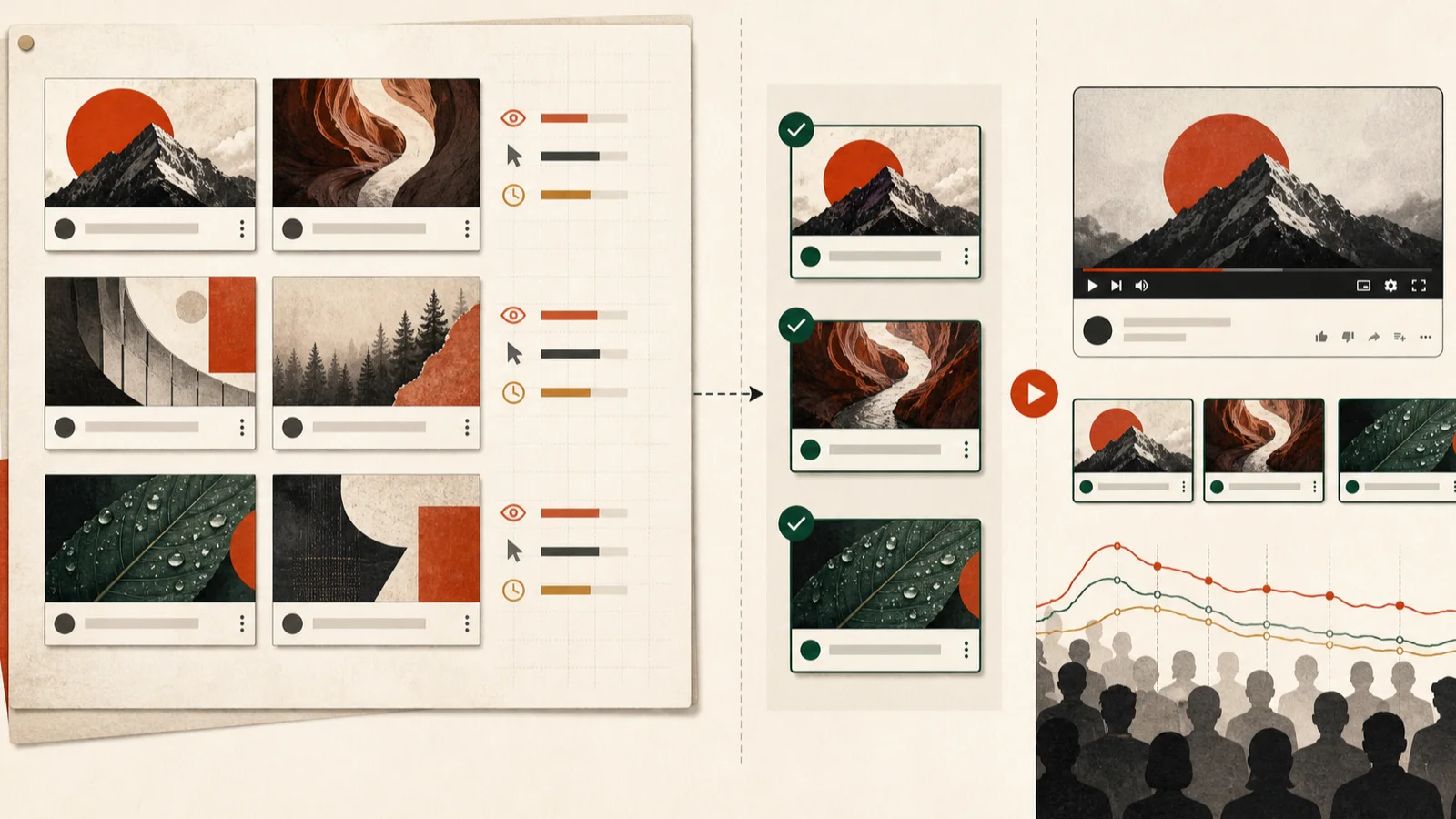 Illustrated two-stage workflow: six thumbnail concepts are compared before publishing, three finalists advance, and viewer watch-time evidence appears only after publishing.