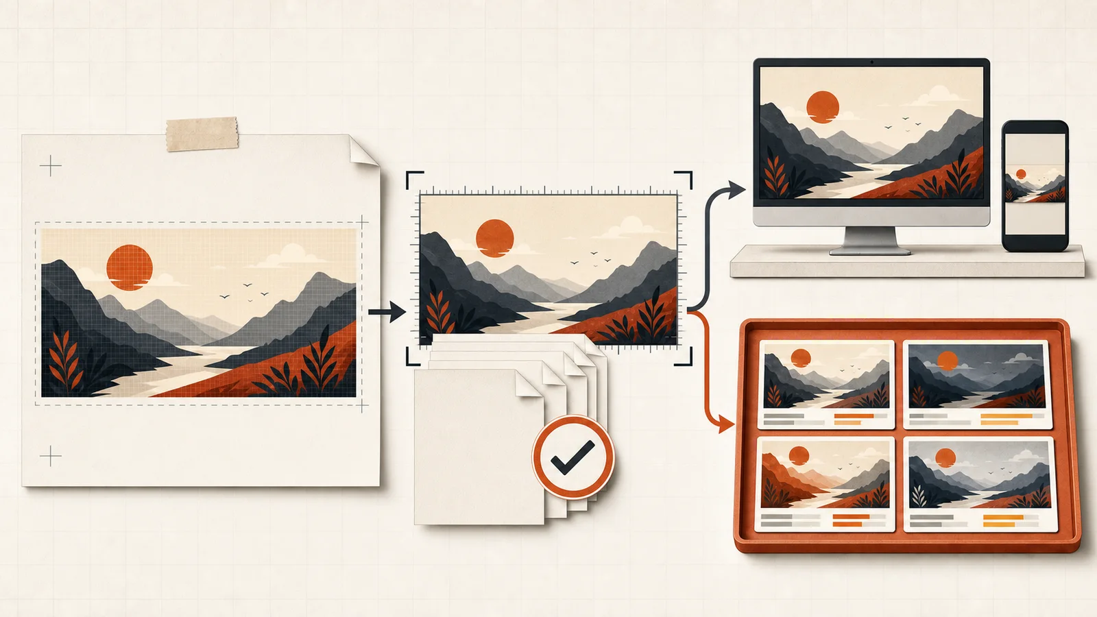 Illustration of one 16:9 thumbnail passing export checks, then splitting into a final upload path and a separate pre-publish comparison tray, with the whole frame fitted inside desktop and phone outlines.