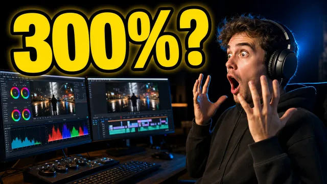 YouTube 封面範本 A，雙螢幕剪輯桌前震驚的剪輯師，搭配醒目的 300%? 反應特效，震驚風格版本，用於 A/B 測試示範。