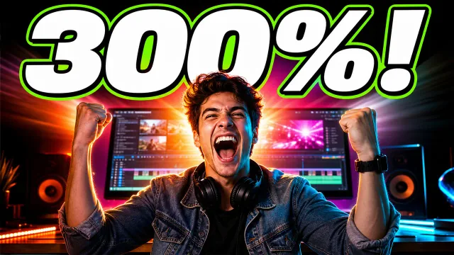 Sample YouTube thumbnail, option B: a celebrating editor with fists raised and a bold 300%! overlay, shown inside an example preflight score card.