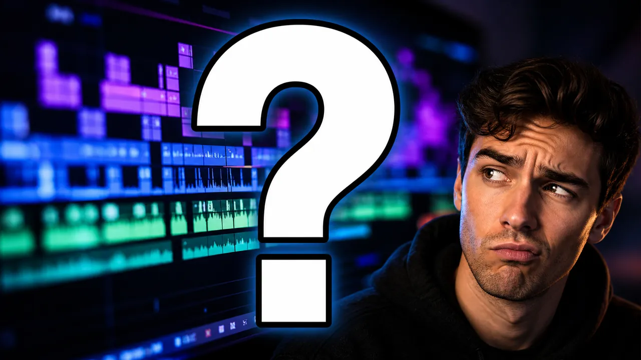 YouTube 封面範本 A，帶著質疑表情的剪輯師與剪輯時間軸，搭配巨型問號特效，質疑風格版本，用於 A/B 測試示範。